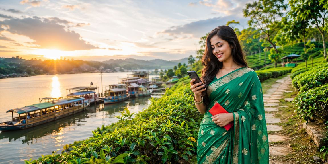 রাঙামাটিতে শাড়ি পরিহিত নারী লাল খাম বোনাস উদযাপন করছেন